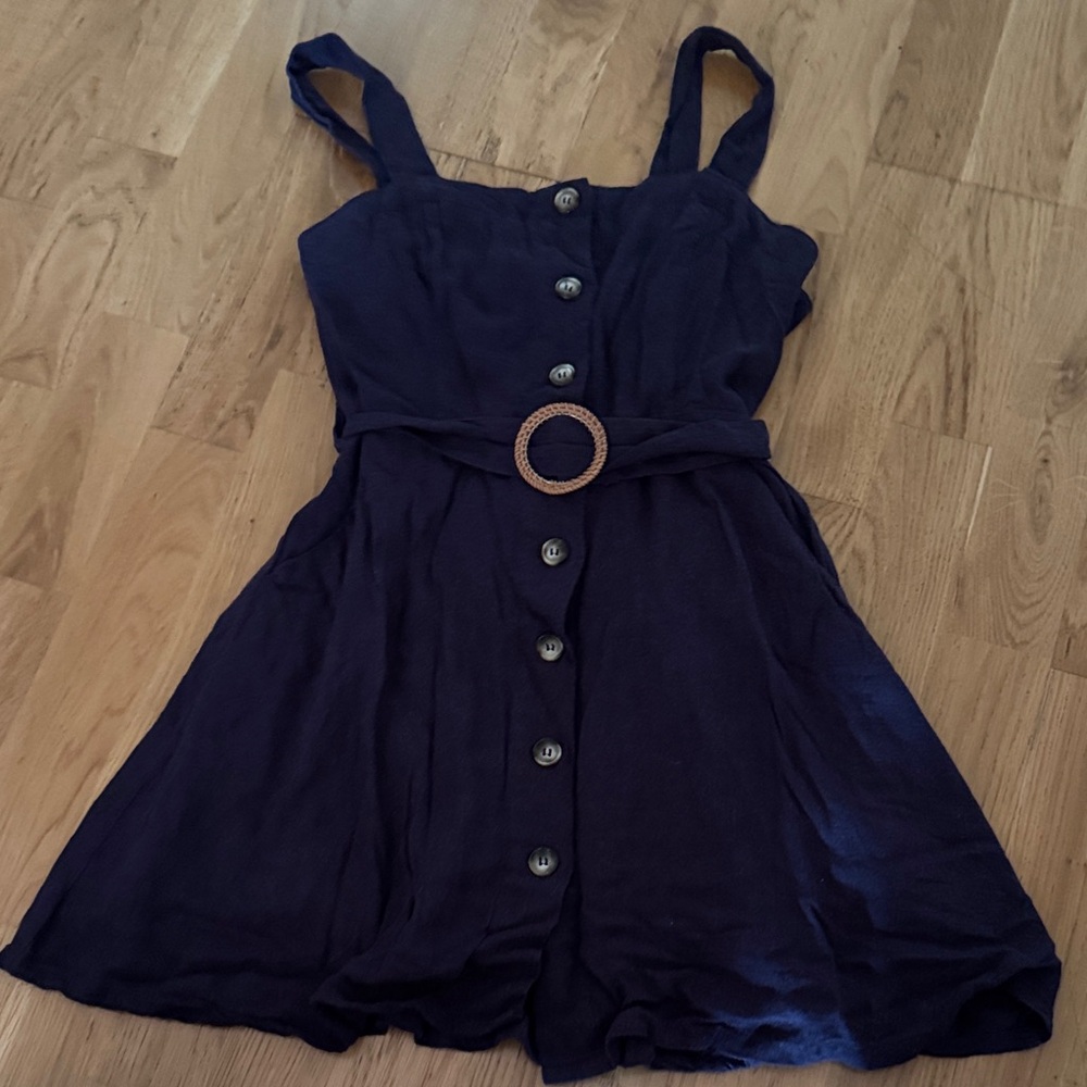 Button-Front Navy Mini Dress with Belt